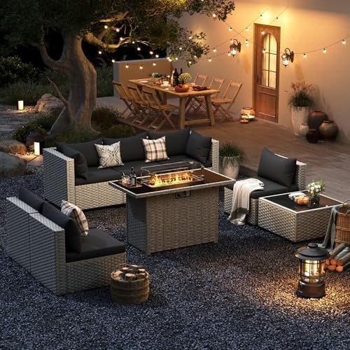 Outdoor Patio Furniture Set with Fire Pit 8 Pcs Wicker Sectional Sofa Black