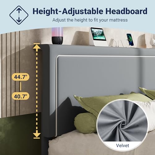 Allewie King Lift Up Storage Bed Frame with Charging Station, Grey