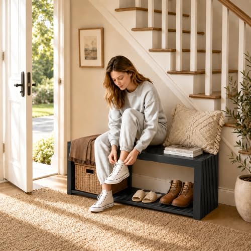 Bamboo Bench with Shelf, 35'' Entryway Bench Seat, Black