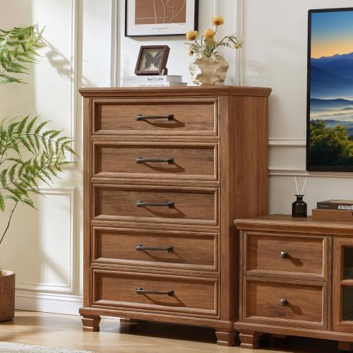 SAVOR LIFE Farmhouse 5 Drawer Dresser for Bedroom, Brown