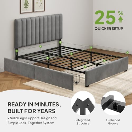 Welzona Queen Upholstered Bed Frame with Headboard & 2 Storage Drawer, Grey
