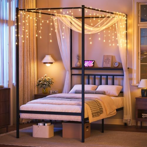 Twin Canopy Bed Frame with Storage Headboard Minimalist Style 4 Posters Bed