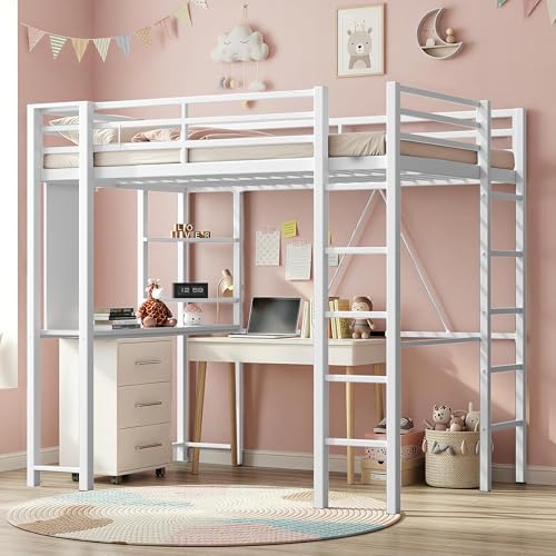 Nuturelly Full Size Loft Bed with Desk, 13" Guardrails, Noise-Free, White