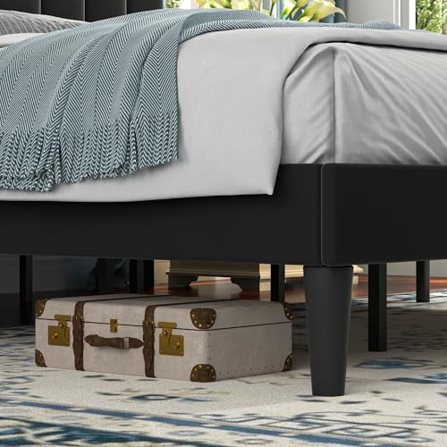 VECELO King Size Bed Frame with Upholstered Headboard, Velvet Platform Bedframe Mattress Foundation, Strong Wood Slat Support, No Box Spring Needed,Black