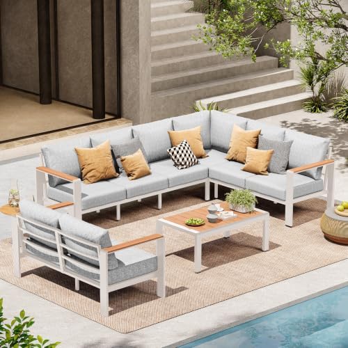 Aluminum Outdoor Patio Furniture Set 8 Seats, Outdoor Sectional Corner Sofa, Patio Conversation Set with Coffee Table & Washable Cushions, Furniture Set for Porch, Balcony, Deck, White