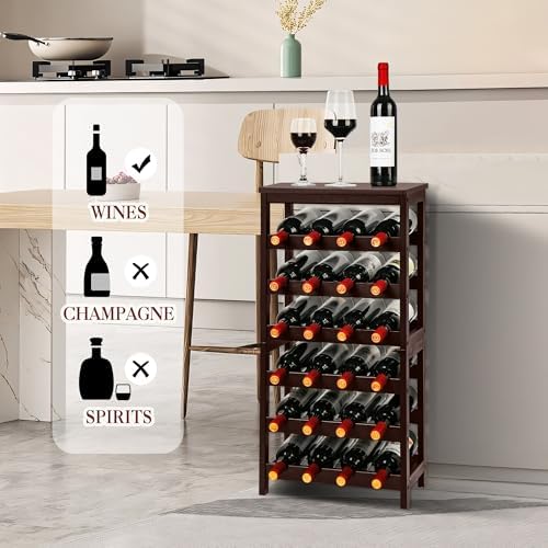 VASMIA Wine Rack Free Standing Floor, 6-Tier Display Wine Storage Shelves with Table Top, 24-Bottle Bamboo Wine Rack Shelf for Kitchen Bar Dining Room Living Room, Brown