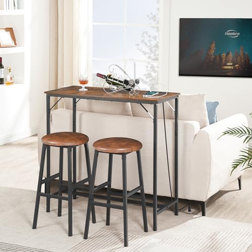 HOOBRO Bar Table with Charging Station, Rectangular Pub Table, High Top Coffee Table, Counter Bar Height Table, Narrow Long Dining Table, 35.4" L x 15.7" W x 35.6" H, Rustic Brown and Black BF90UBT01
