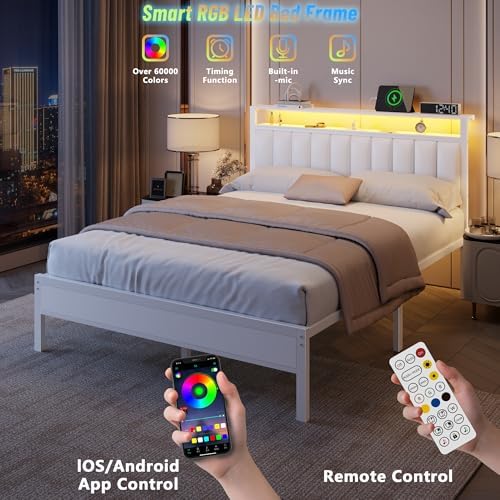 Furnulem White Queen Bed Frame with PU Upholstered Headboard & LED Lights