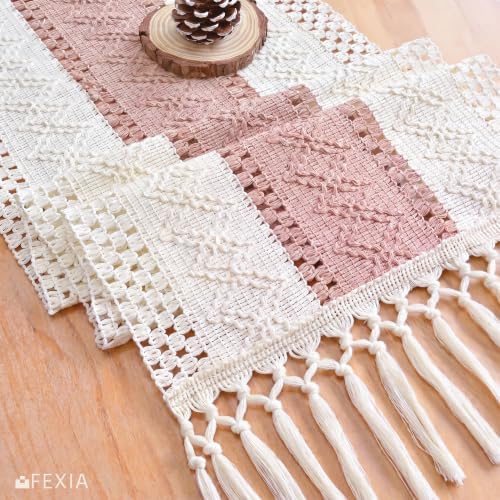 FEXIA Boho Table Runner with Tassels for Home Decor 12x72 Inches Pink