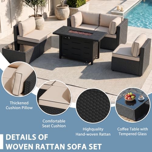 Shintenchi 6 Piece Outdoor Patio Furniture Set with 43 Inch Propane Fire Pit, Washable Cushions, Glass Coffee Table, Waterproof Cover & CSA Certified for Backyard Poolside, Black PE Rattan/Khaki