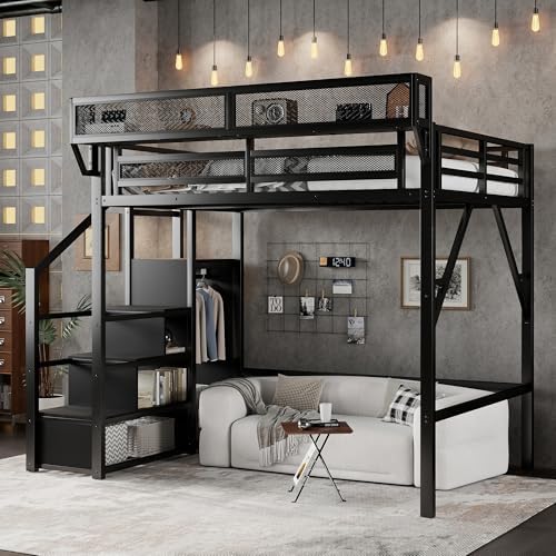 KEIKI Full Size Metal Loft Bed Frame with Convertible Staircase, Built-in Storage Shelves and Wardrobe, Loft Bed with Solid Slats, Guardrail, No Box Spring Required, Easy Assembly, for Bedroom, Black