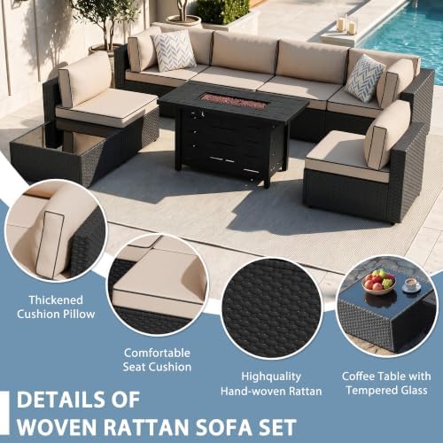 Shintenchi 8 Piece Outdoor Patio Furniture Set with 43 Inch Propane Fire Pit, Washable Cushions, Glass Coffee Table, Waterproof Cover & CSA Certified for Backyard Poolside, Black PE Rattan/Khaki