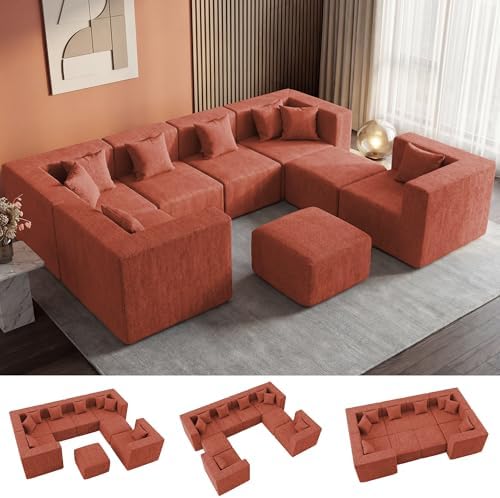 MONVANE Modular Sectional Sofa, Oversized 8 Seat Convertible U Shaped Couch with Ottoman, Comfy Chenille Cloud Couch with Deep Seat, Sectional Couches for Living Room, No Assembly Required, Rust Red