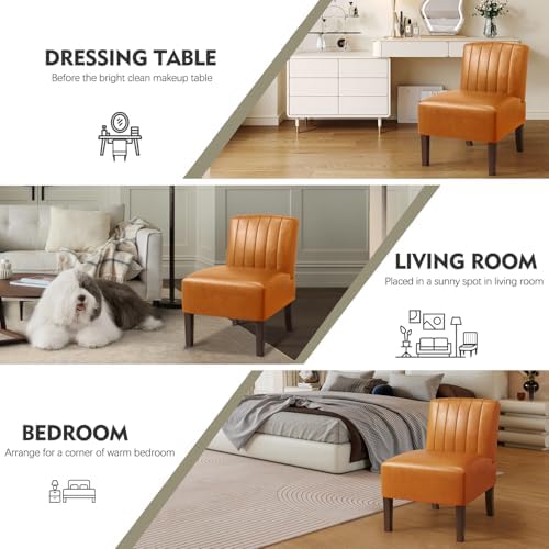 Armless Accent Chairs Upholstered Dining Chairs Living Room Chairs with Solid Wood Legs Leather Reading Chair for Adults Comfy Chair for Bedroom Vanity Kitchen (Brown)