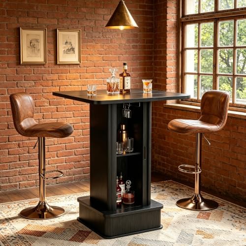 Square Bar Table with 2-Tier Hidden Storage & Wine Glass Rack, 38.1" High Counter Height Bistro Pub Cocktail Table, Modern Drink Bar Station for Kitchen Dining Room, Coffee House, Small Space, Black