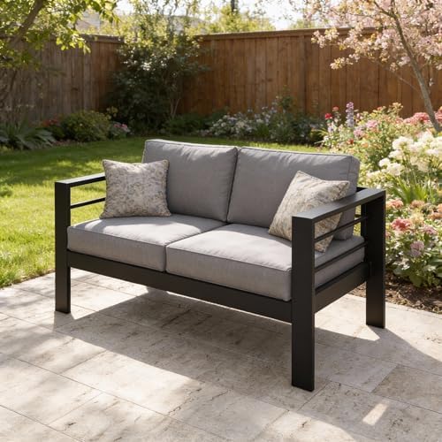 Kiss the Water Aluminum Patio Sofa, Loveseat Light Grey Outdoor Couch
