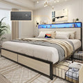 Lifezone King Bed Frame with 2-Tier Storage Headboard, Metal Platform Bed Frame with 4 Storage Drawers, Built in Charging Station & LED, Noise-Free/Metal Support/No Box Spring Needed, Beige