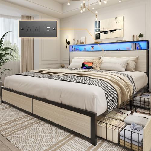 Lifezone King Bed Frame with 2-Tier Storage Headboard, Metal Platform Bed Frame with 4 Storage Drawers, Built in Charging Station & LED, Noise-Free/Metal Support/No Box Spring Needed, Beige