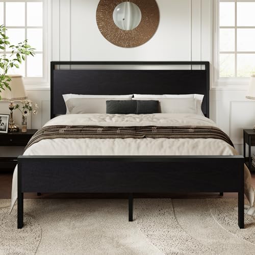 Allewie Queen Size Bed Frame, Heavy Duty 12 Metal Slats Support, Black Oak
