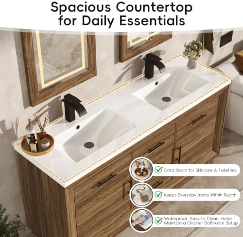 St.Mandyu 60" Bathroom Vanity w/Sink & LED Mirror & Faucet,Modern Bathroom Vanities Set w/ 3-Color Lighting, Curved Splash-Reducing Basin, Bath Vanity w/Large Storage Cabinet&Drawers,Rsutic Bro