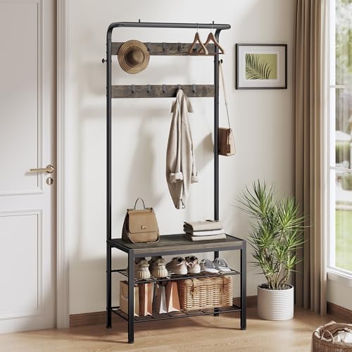 NEWBULIG Coat Rack, Hall Tree with Shoe Bench, 4-in-1 Entryway Organizer with 10 Hooks and Storage Shelf, Rustic Wood Entryway Bench for Mudroom, Living Room, Bedroom, Grey