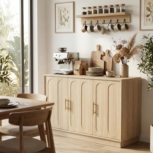 holzart 46.6" Modern 3 Door Storage Cabinet, Light Oak Sideboard Buffet Cabinet with Gold Handles, Large Fluted Wood Accent Credenza for Dining Room, Living Room, Coffee Bar