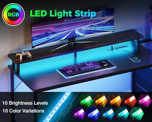 AODK 52 Inch Gaming Desk with USB Charging Ports & LED Light- Reversible Computer Desk with Storage Shelves & Monitor Stand, Modern Gamer Desk Table with Fabric Drawers, Black