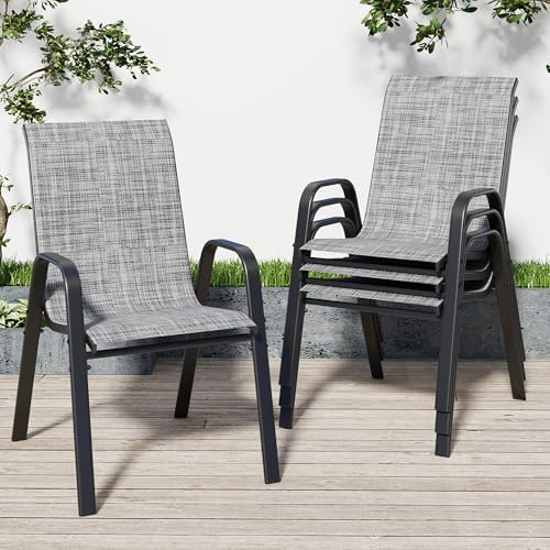 Patio Chairs Set of 4, Stackable Outdoor Dining Chairs for All Weather Textilene Fabric & Metal Frame, Outdoor Chairs Set for Backyard Deck Garden (Grey, Set of 4)