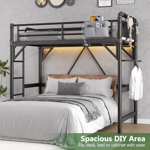 Twin Size Loft Bed with LED Lights and Charging Station, Industrial Heavy Duty Metal Loft Bed Frame with Ladder and Guardrail for Kids Adults, Small Space Saving Design for Bedroom Dorm, Black