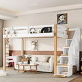 KEIKI Twin Size Wooden Loft Bed Frame with Staircase, Clothes Hook, White
