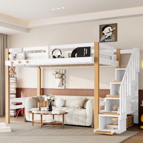 KEIKI Twin Size Wooden Loft Bed Frame with Staircase, Clothes Hook, White