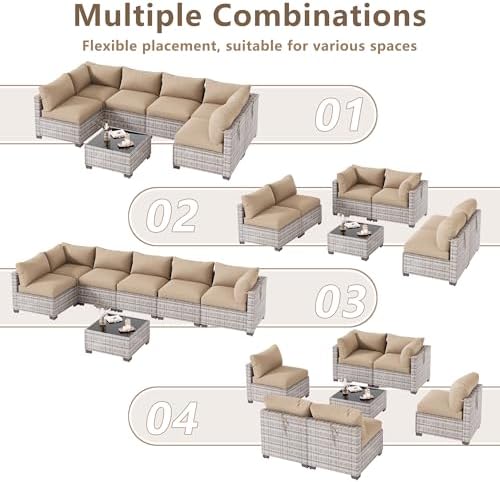LOUVIXA 7 Piece Outdoor Patio Furniture Set, Outdoor Sectional Sofa, Wicker Rattan Patio Furniture, Patio Conversation Set with Coffee Table & Cushions