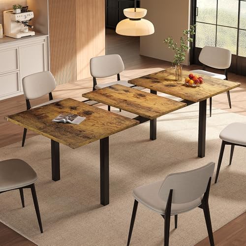 Einhomn Extendable Dining Table for 4-6, 63" Modern Kitchen Table, Farmhouse Dining Room Tables for Dining, Kitchen, Office, Living Room, Rectangular Wooden Tables, Space Saving (Rustic Brown)