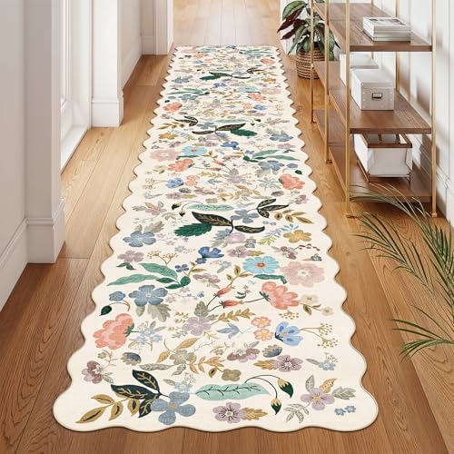 Washable Hallway 2'6x12 Runner Rug: Floral Scalloped Rug for Kitchen Entryway Farmhouse Soft Carpet for Bathroom Bedroom Thin Laudry Living Room Floor Mat with Non Slip Backing(2'6''x12',Cream)