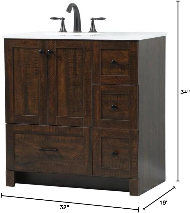 32" Pre-Assembled Bathroom Vanity with Sink, Engineered Wood, Ivory White Engineered Marble Countertop Attached, Single Rectangle Porcelain Sink, 4 Soft-Close Drawers, Expresso