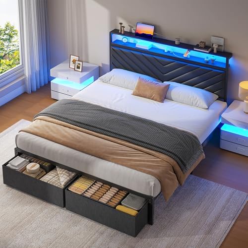 Fluest Queen Bed Frame with 2 Drawers, Upholstered Headboard with Storage and Charging Station, LED Lights, Fabric Drawers with Wheels, Under Bed Storage, No Box Spring Needed, Easy Assembly, Black