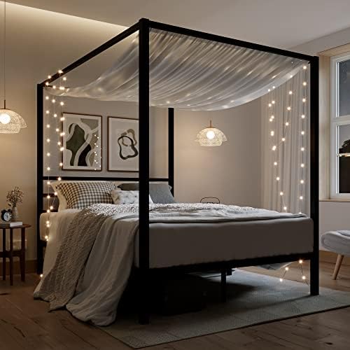 ikalido Full Size Metal Canopy Bed Frame, Heavy-Duty Support, Black