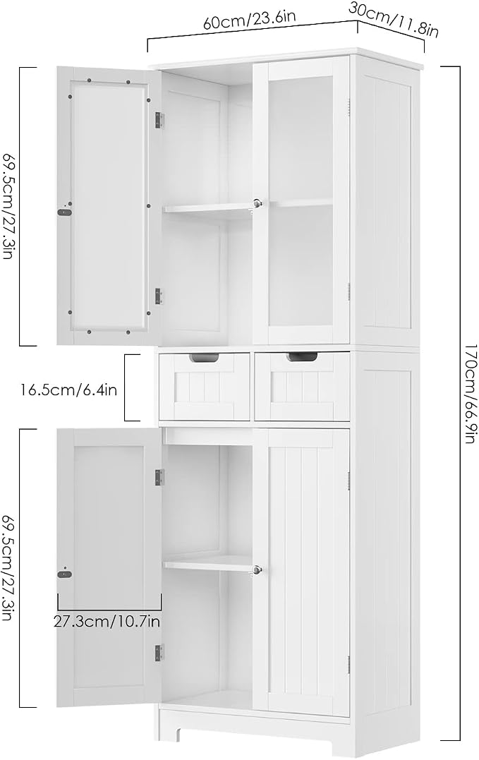 HORSTORS 67" H Bathroom Storage Cabinet, White Linen Cabinet with Drawers | Freestanding Bathroom Cabinet with Glass Door & Shelf, Modern Tall Storage Cabinet for Bathroom, Living Dining Room, Kitchen