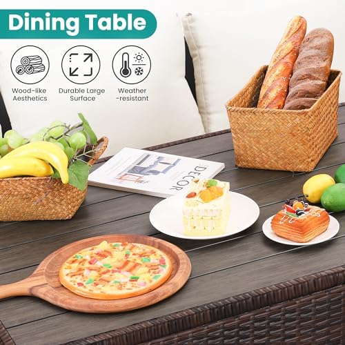 Wumiokio Patio Furniture Set, 7 Pieces Outdoor Patio Furniture with Dining Table&Chair, All Weather Wicker Conversation Set with Ottoman,Brown Rattan & Ivory Cushions (Include Sofa Dust Cover)