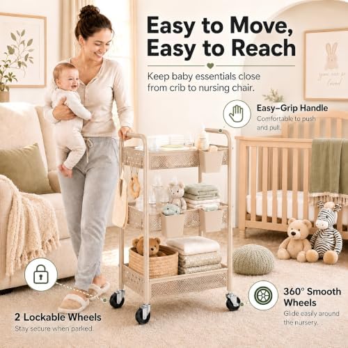 3 Tier Metal Rolling Cart, Beige Utility Storage Carts with Lockable Wheels, Three Tier Craft Cart Organizer for Baby Essentials, Diaper Caddy, Cleaning Supplies, Art Supply, Lash, Laundry Room, Book