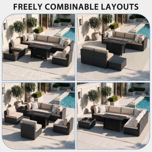 Shintenchi 8 Piece Outdoor Patio Furniture Set with 43 Inch Propane Fire Pit, Washable Cushions, Glass Coffee Table, Waterproof Cover & CSA Certified for Backyard Poolside, Black PE Rattan/Khaki