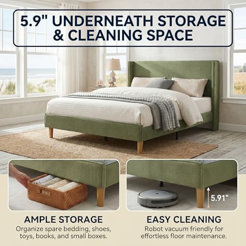 Full Corduroy Upholstered Platform Bed with Headboard Wingback, Turtle