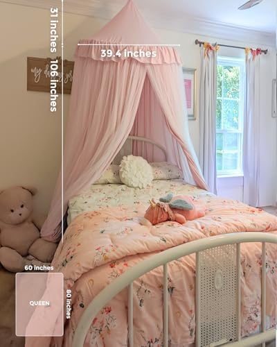little dove Large Bed Canopy with Star Lights, Double Layer Canopy for Bed, Princess Play Tent for Girls Room, Breathable Bed Curtain for Children Reading Nook, Machine Washable, 40''x 106'', Pink