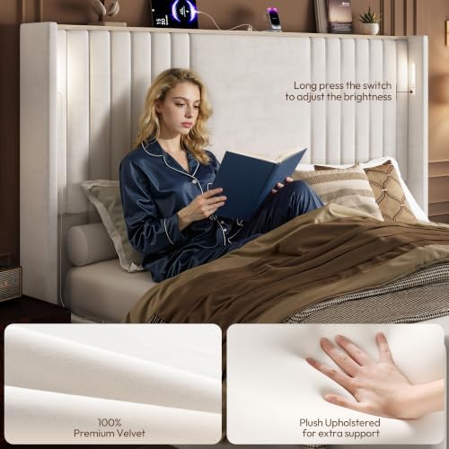 55" Tall Queen Size Platform Bed Frame with 2 Reading Lights, Cream