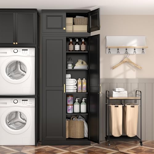 Steeloong 86"Metal Pantry Storage Cabinet with Doors & 4 Adjustable Shelves | Kitchen Pantry Cabinet,Black Kitchen Cabinet with 4 Gold Handles,Tall Cabinet for Livingroom,Pantry, Bathroom,Kitchen,Garage