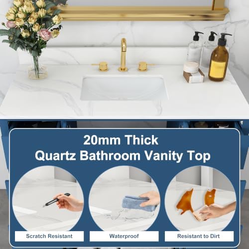 Montary 42" Bathroom Vanity with Sink & 43" Carrara Quartz Top | with 3 Pre-Drilled Faucet Holes, Solid Wood Cabinet, Soft-Close Double Doors & 9 Smooth-Glide Drawers,Blue