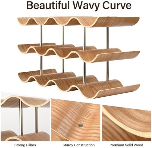 Countertop Wine Rack - 12 Bottle Freestanding Wine Bottle Holder Stand - 3 Tier Wooden Wine Storage Rack - Wavy Wine Organizer for Cabinet Pantry Home Kitchen Bar