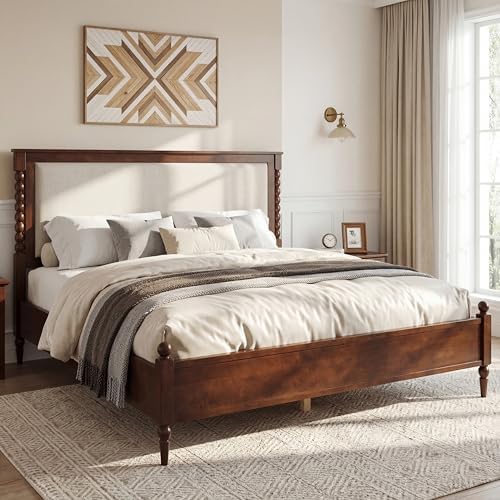 Merax Queen Size Solid Wood Platform Bed Frame, Upholstered Headboard & Classic Spindle & with Fabric Panel, No Box Spring Needed, 500 lbs Capacity Timeless Traditional for Bedroom, Brown