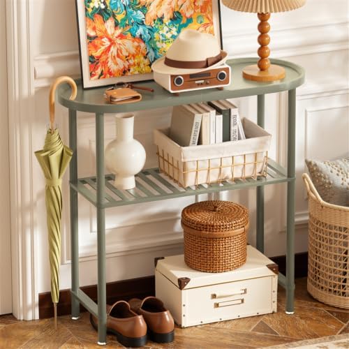 Small Console Table Bamboo 30.7", Modern Entryway Table Green 2-Tier, Narrow Console Table with Anti-Fall Edge, Small TV Stand for Bedroom, Indoor Plant Stand, Sofa Side Table 5min Easy Assembly