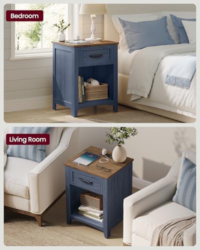 VASAGLE Farmhouse Nightstand with Charging Station, 1 Drawer